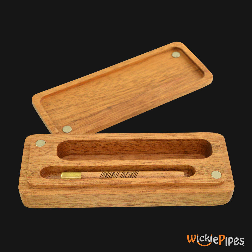 Bad Ash - Flat Dugout & One-Hitter Brass Pipe 5-Inch Exotic Wood one-hitter inside open lid.