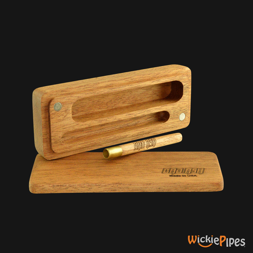 Bad Ash - Flat Dugout & One-Hitter Brass Pipe 5-Inch Exotic Wood one-hitter outside open lid.