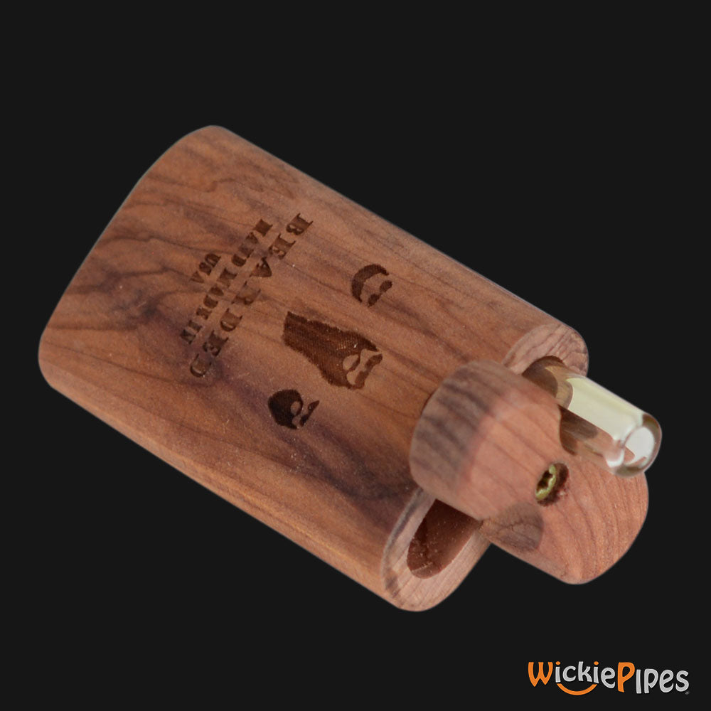 Bearded Aerobic Cedar 3-Inch Wood Dugout System side view open twist lid with glass one-hitter.