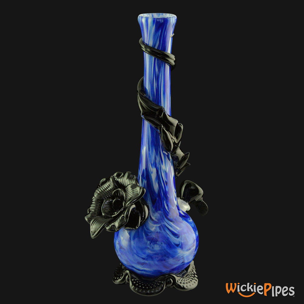 Noble Glass - Flower Blue Black Wrap 14-Inch Soft Glass Bubble Water Pipe Side