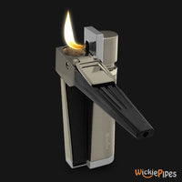 Thumbnail for Wikilite Pipe Lighter  Satin Nickle open mouthpiece 90-degree lit flame.