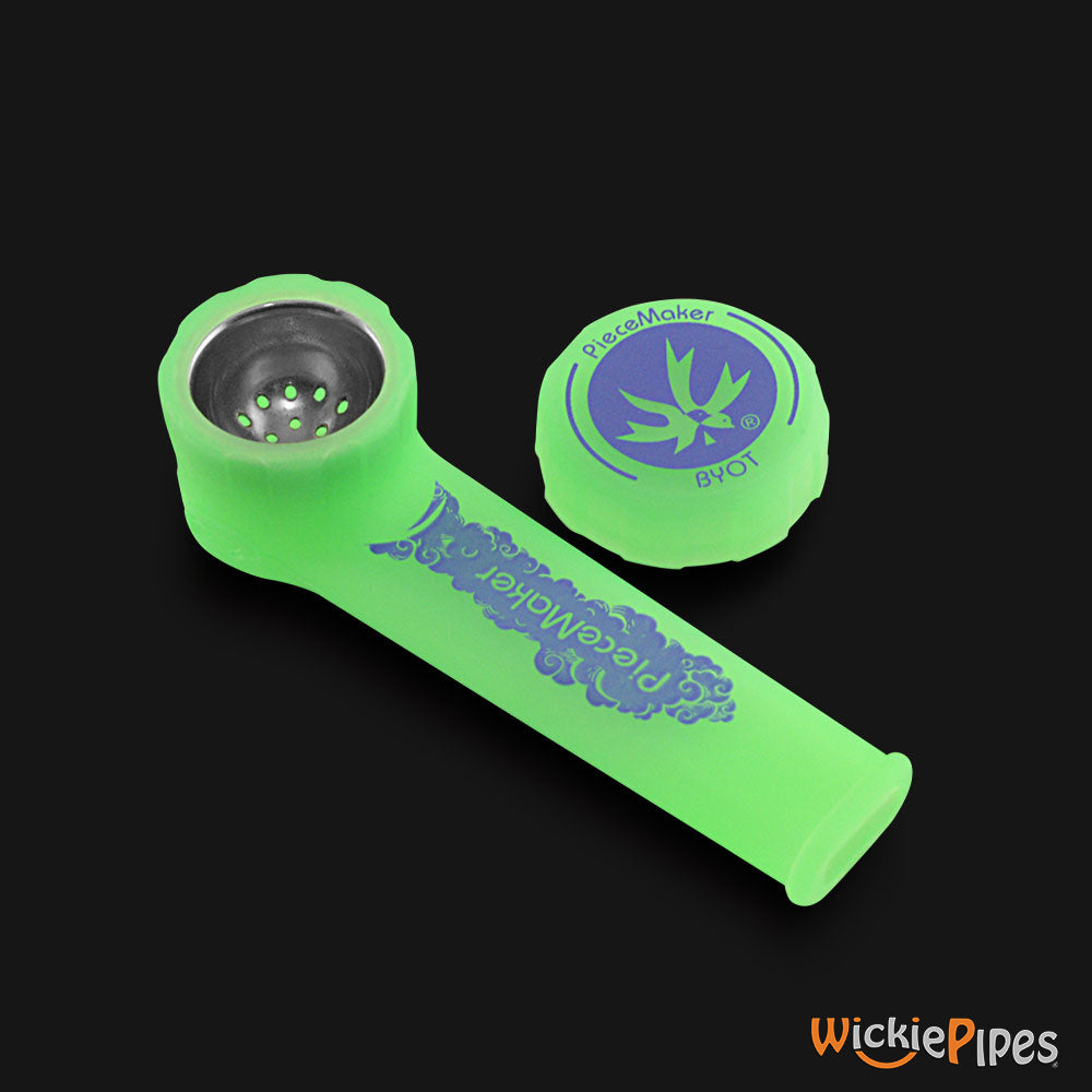 PieceMaker - Karma Electric Green 3.5-Inch Silicone Hand Pipe top with cap off.