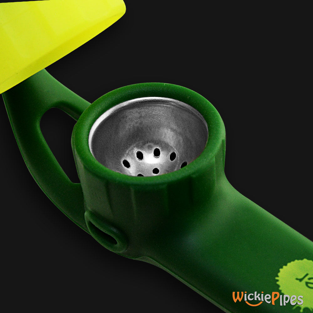 PieceMaker - Karma GO Electric Evergreen 4-Inch Silicone Hand Pipe close up with cap off.
