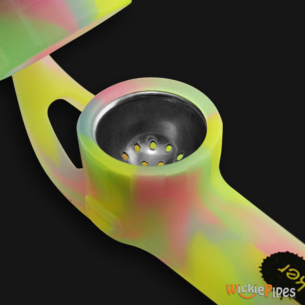 PieceMaker - Karma GO Lollipop Swirl 4-Inch Silicone Hand Pipe close up with cap off.