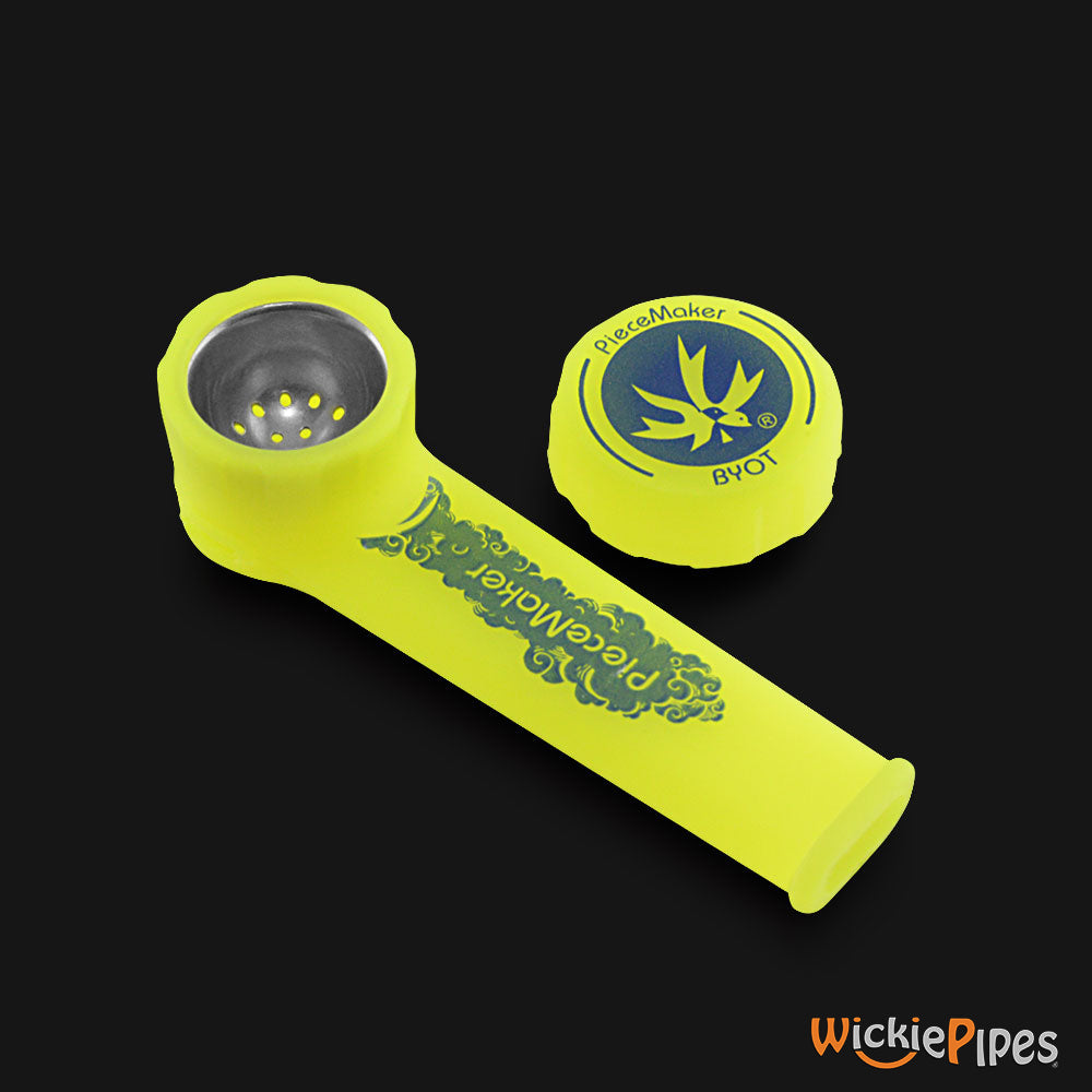 PieceMaker - Karma Hazard Flag Yellow 3.5-Inch Silicone Hand Pipe top with cap off.