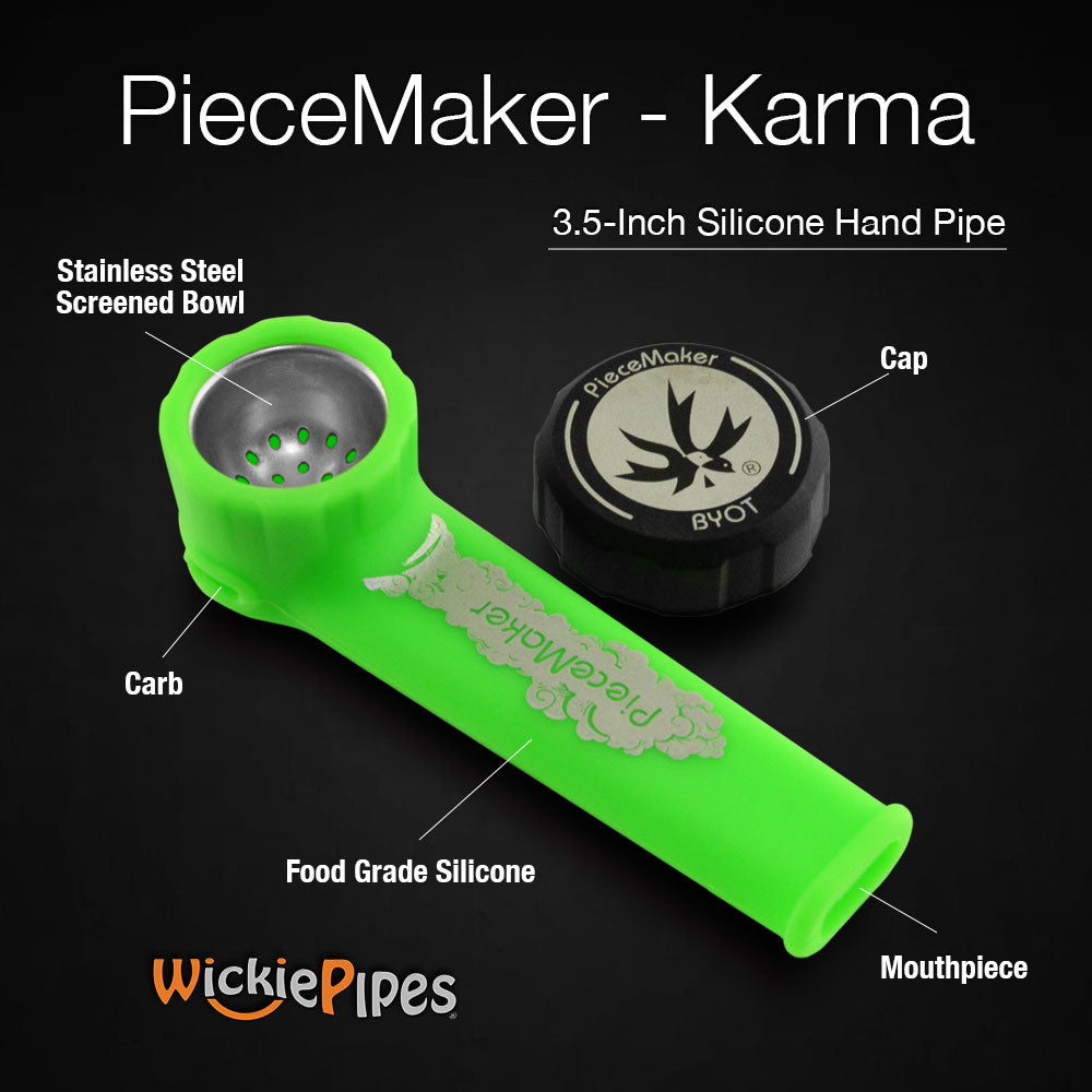 PieceMaker Karma 3.5-inch silicone hand pipe callouts.