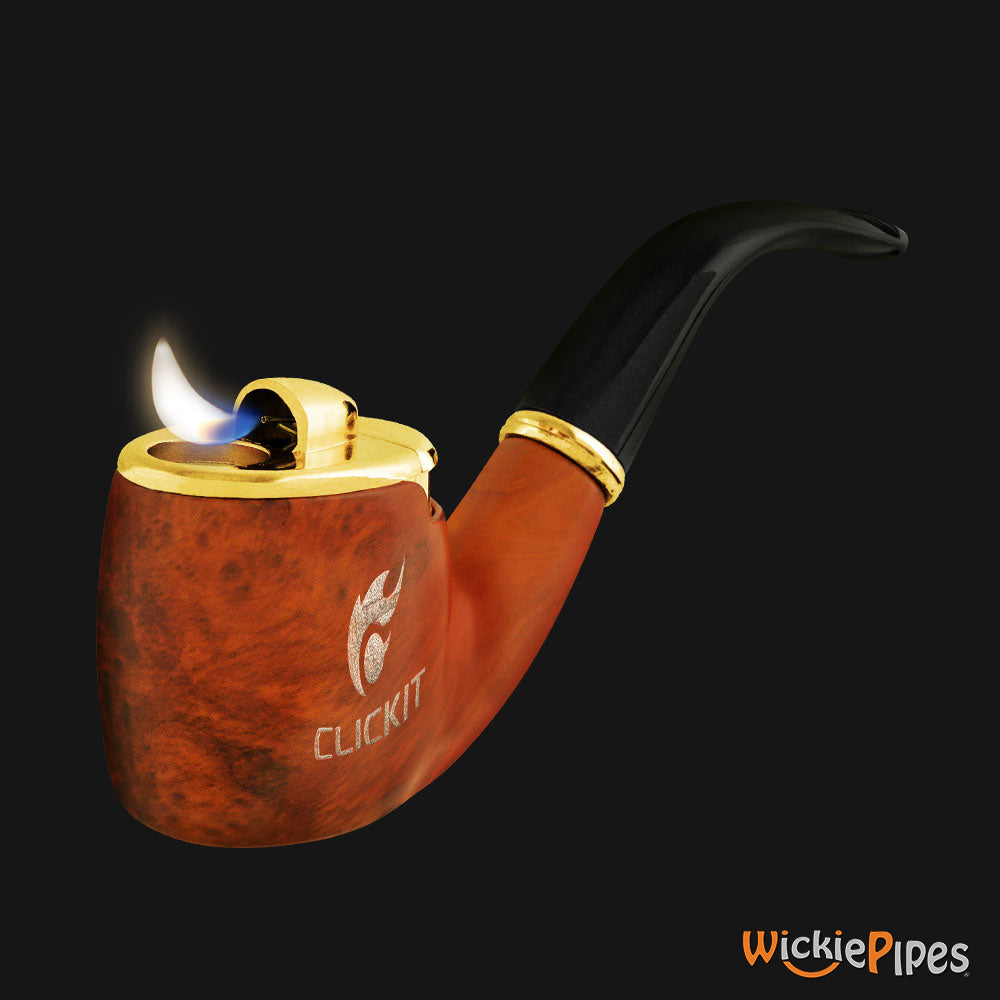 Clickit Sherlock Classic Pipe Lighter Gold with flame.