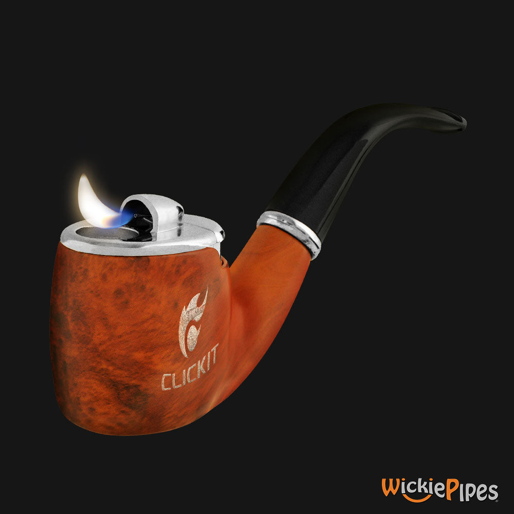 Clickit Sherlock Classic Pipe Lighter Silver with flame.