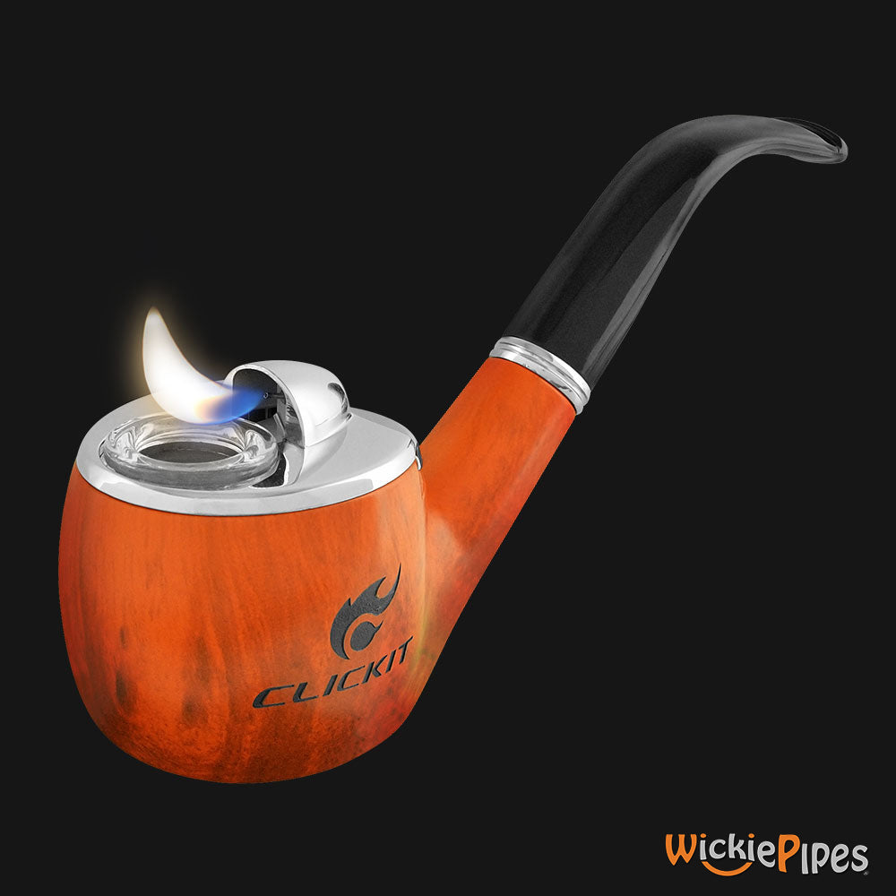Clickit Sherlock Deluxe Pipe Lighter Silver with flame.