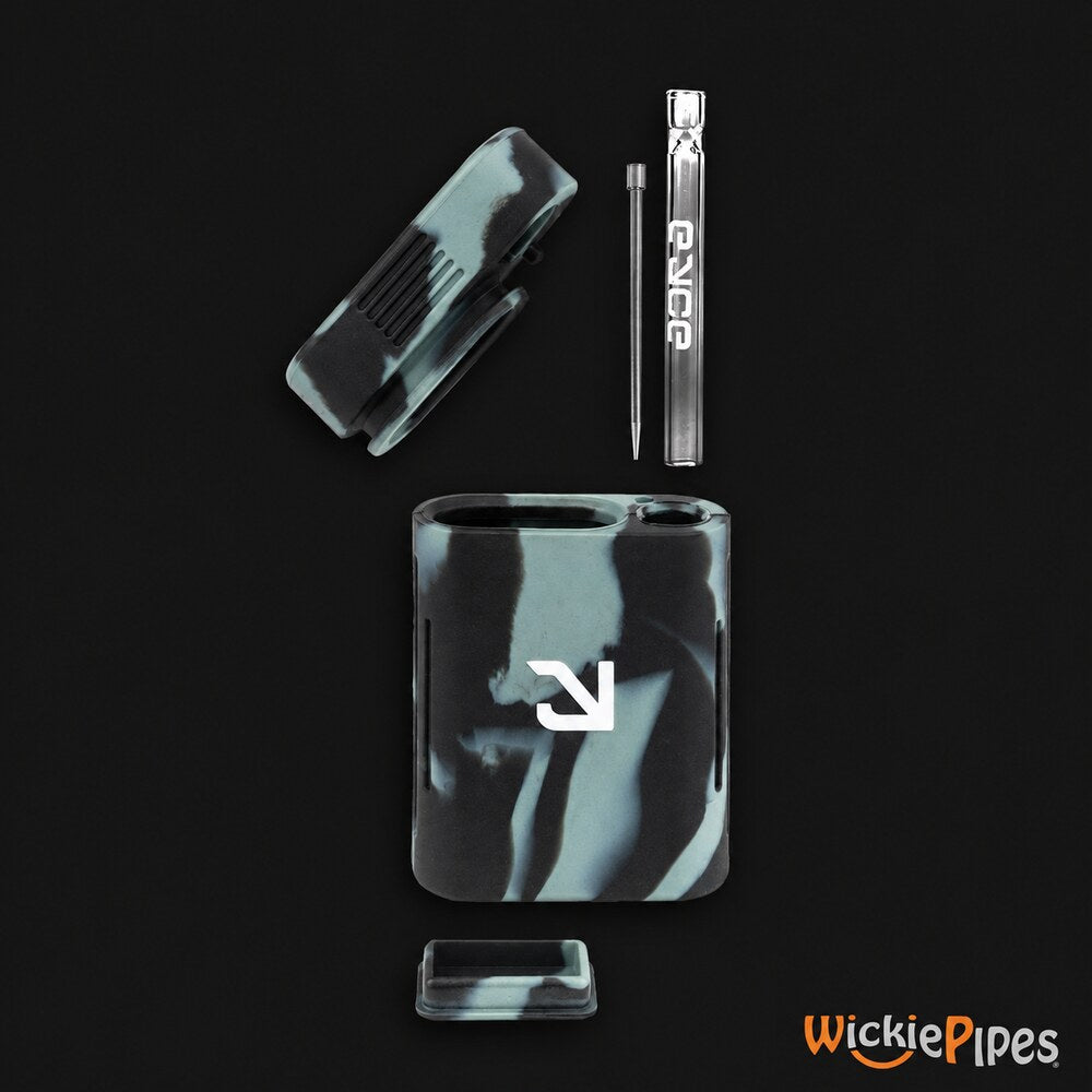 EYCE Solo 3.25-Inch Indestructible Silicone Dugout Smoking System Smoke Black disassembled open cap glass one-hitter with stainless steel poker and storage stash cover