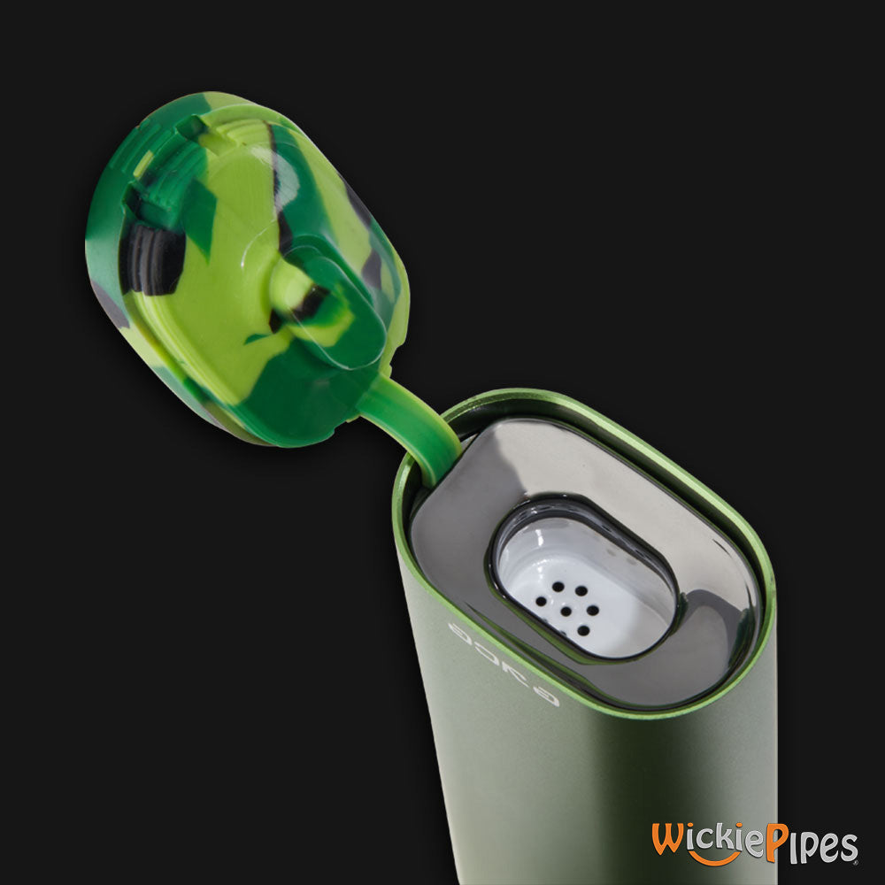 EYCE PV1 Portable Dry-Herb Vaporizer Black with rechargeable battery bowl lid cover open with glass coated aluminum ceramic dry herb chamber