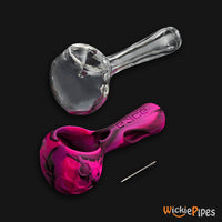 Thumbnail for EYCE ProTeck Alien Spoon 4.5-Inch Indestructible Glass Silicone Smoking Pipe Bangin Pink glass pipe and stainless steel poker removed from silicone exoskeleton