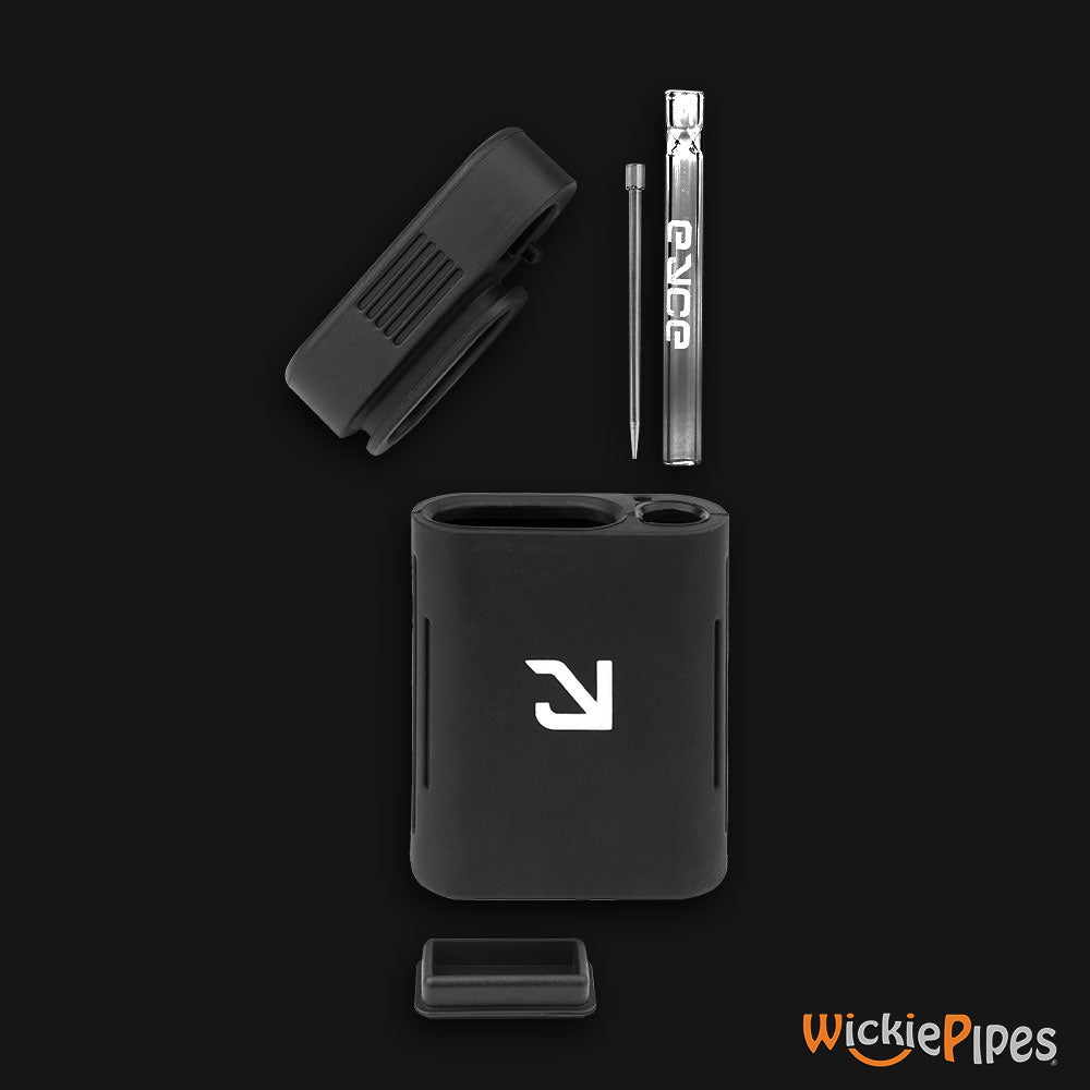 EYCE Solo 3.25-Inch Indestructible Silicone Dugout Smoking System Black disassembled open cap glass one-hitter with stainless steel poker and storage stash cover