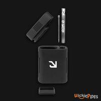 Thumbnail for EYCE Solo 3.25-Inch Indestructible Silicone Dugout Smoking System Black disassembled open cap glass one-hitter with stainless steel poker and storage stash cover
