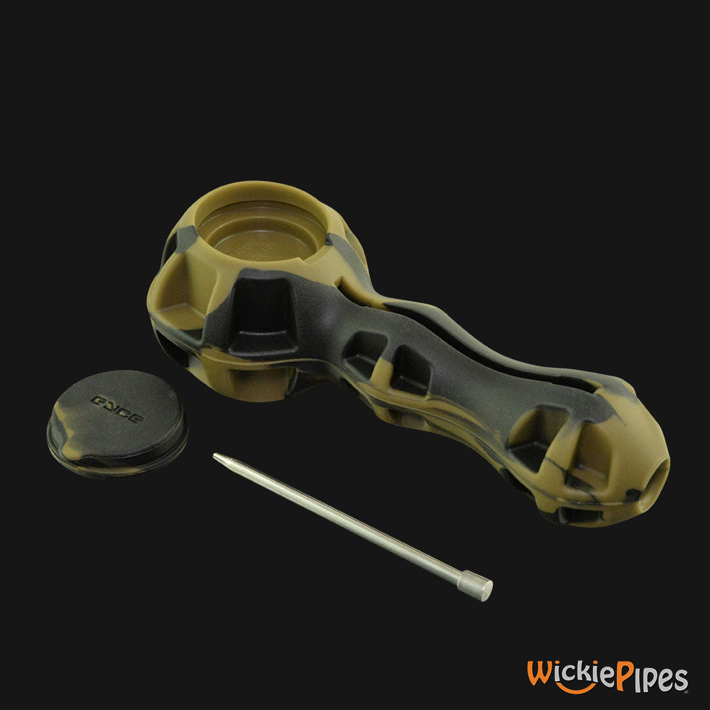 EYCE Spoon 4-Inch Indestructible Silicone Smoking Pipe Whiskey Brown disassembled open storage stash with stainless steel poker and stash cover