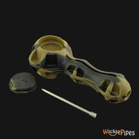 Thumbnail for EYCE Spoon 4-Inch Indestructible Silicone Smoking Pipe Whiskey Brown disassembled open storage stash with stainless steel poker and stash cover