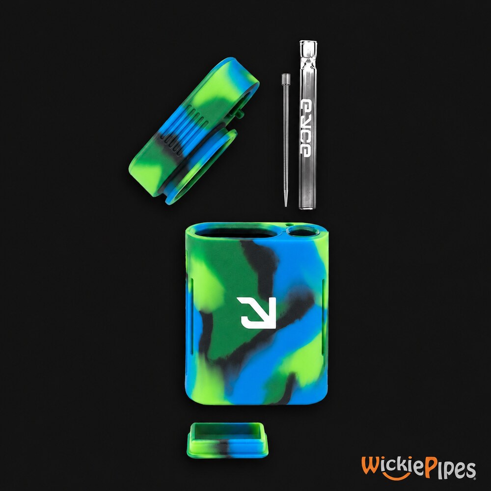 EYCE Solo 3.25-Inch Indestructible Silicone Dugout Smoking System Planet Blue disassembled open cap glass one-hitter with stainless steel poker and storage stash cover