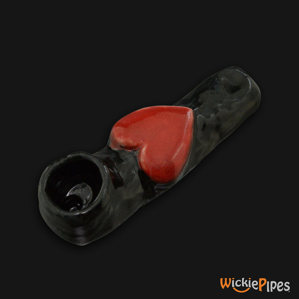 JM Ceramics Black RED HEART Ceramic Hand Pipe side.