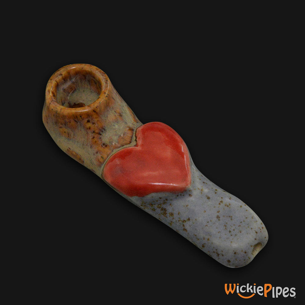 JM Ceramics Brown Speckled RED HEART Ceramic Hand Pipe.