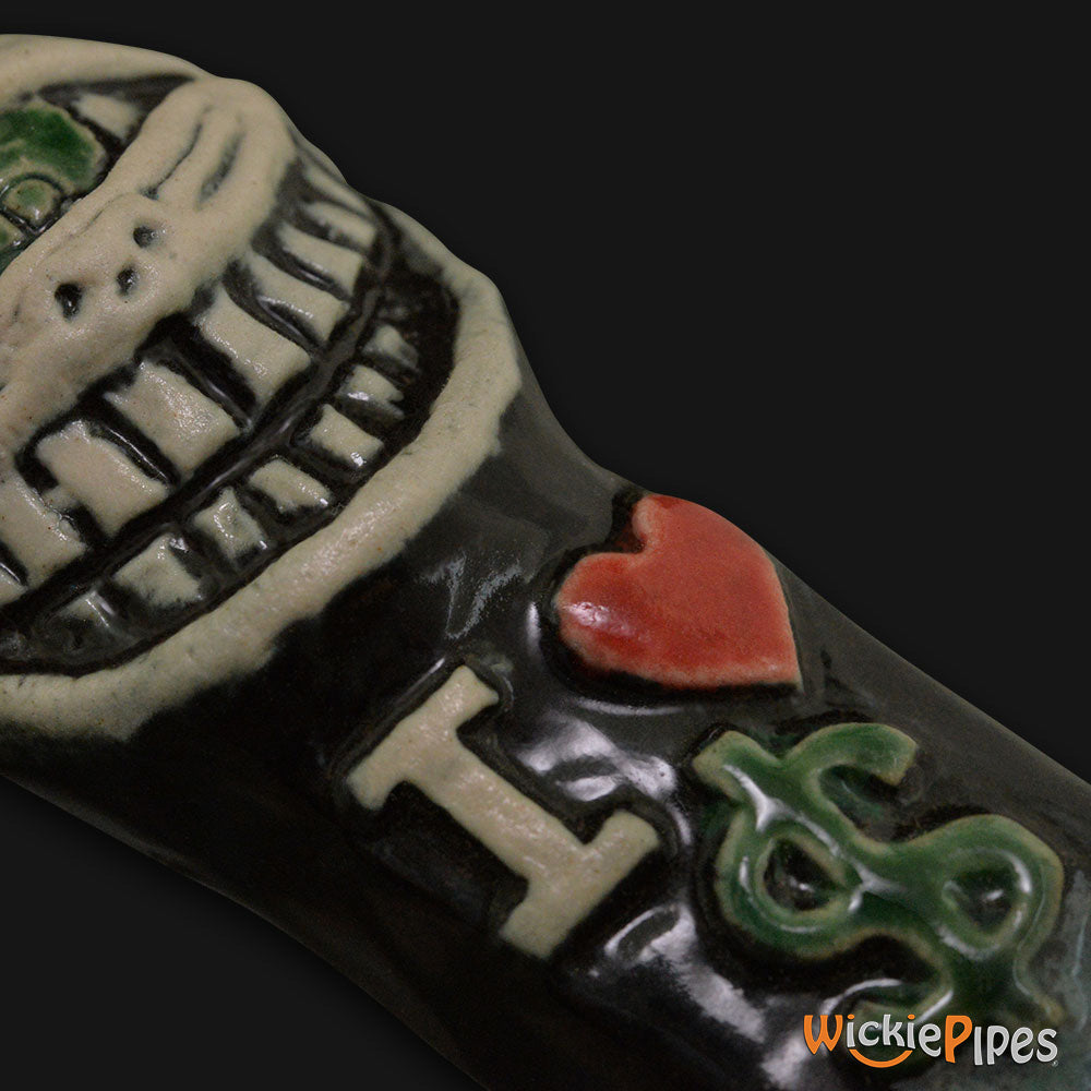 JM Ceramics I Love Money Ceramic Hand Pipe detailed.