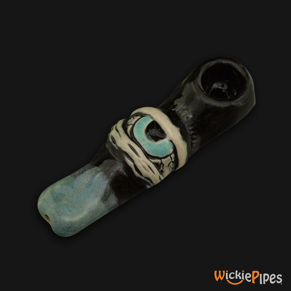 JM Ceramics Large Eye Ceramic Hand Pipe Blue mouthpiece.