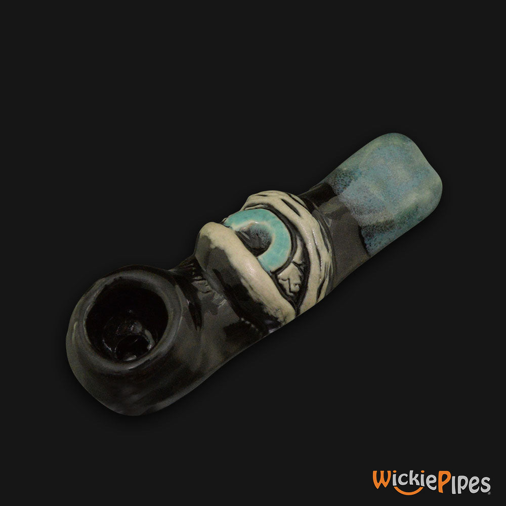 JM Ceramics Large Eye Ceramic Hand Pipe Blue side.