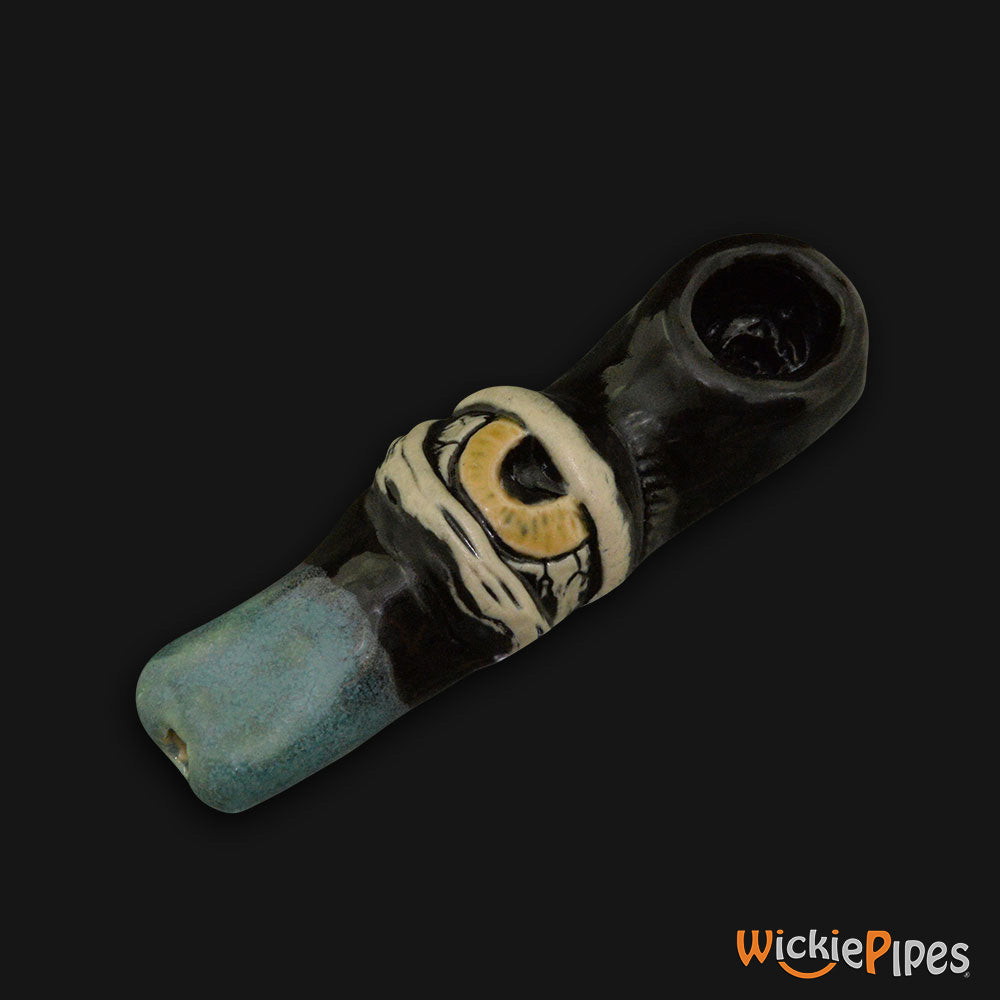 JM Ceramics Large Eye Ceramic Hand Pipe Yellow mouthpiece.