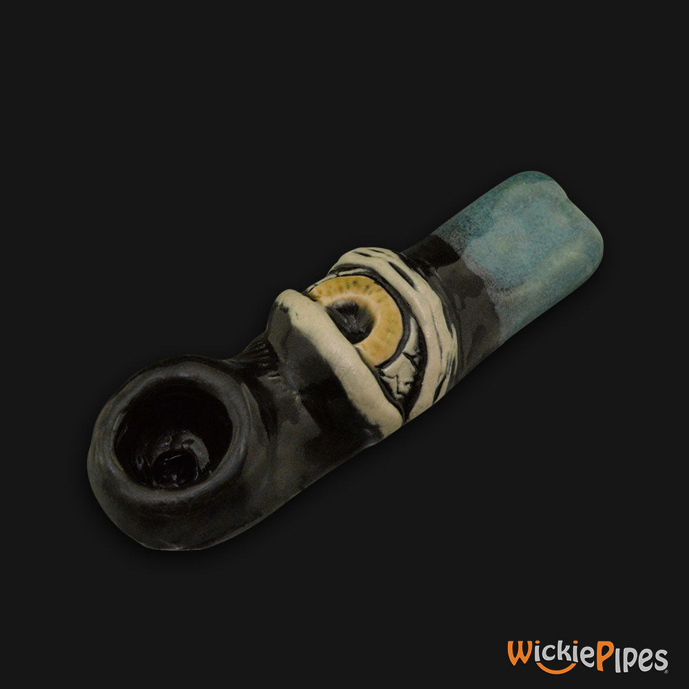 JM Ceramics Large Eye Ceramic Hand Pipe Yellow side.