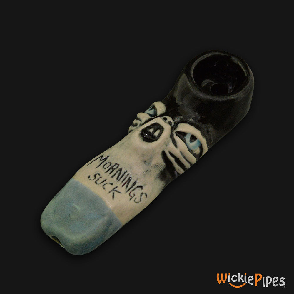 JM Ceramics Mornings Suck Ceramic Hand Pipe mouthpiece.