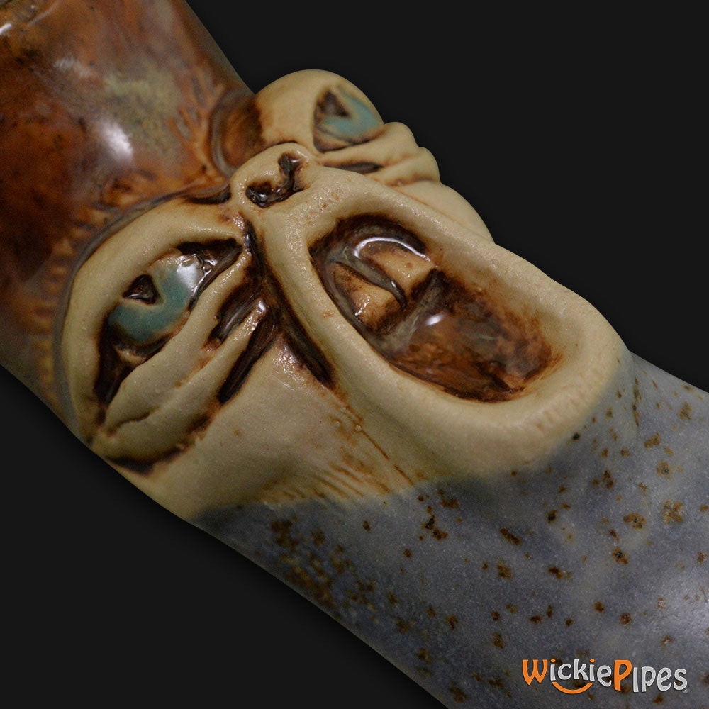 JM Ceramics Screaming Brown Speckled Ceramic Hand Pipe detailed.
