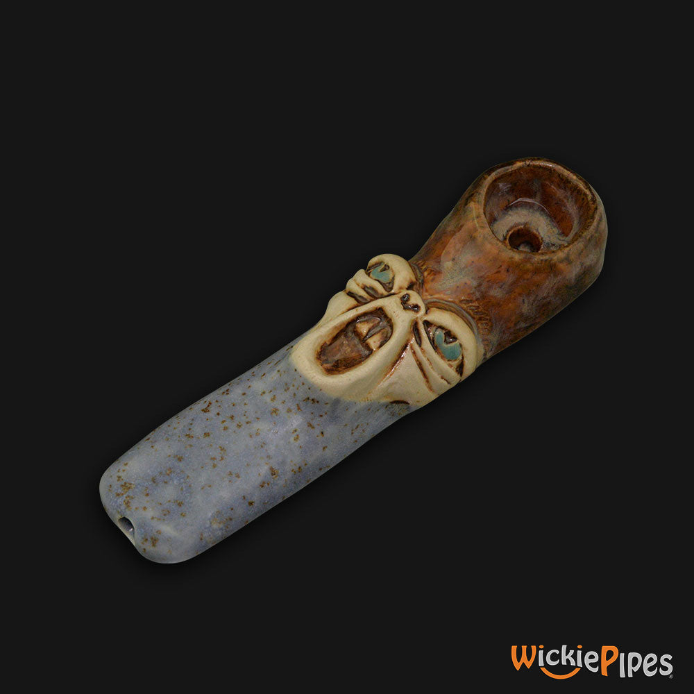 JM Ceramics Screaming Brown Speckled Ceramic Hand Pipe mouthpiece.