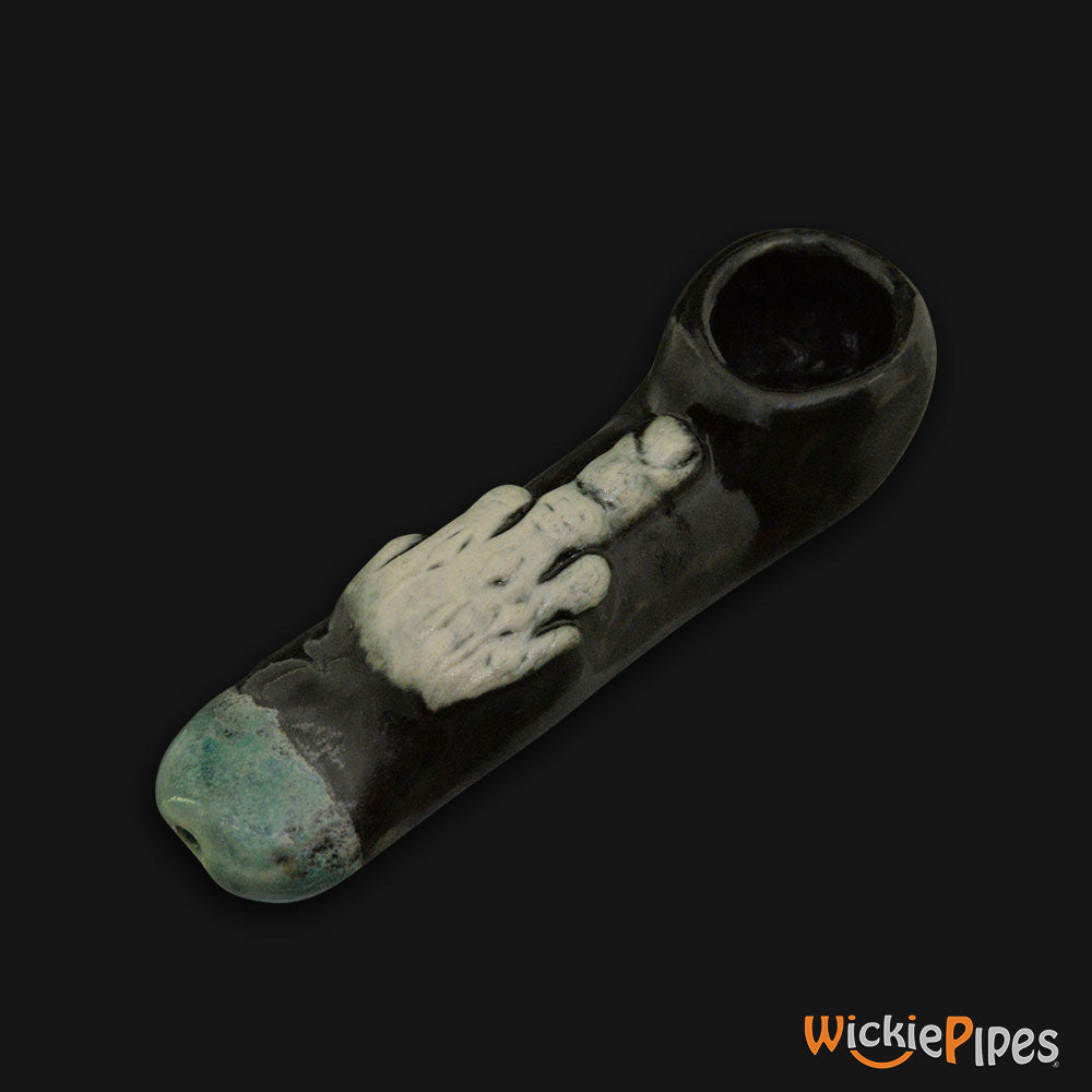 JM Ceramics Small Middle Finger Ceramic Hand Pipe mouthpiece.