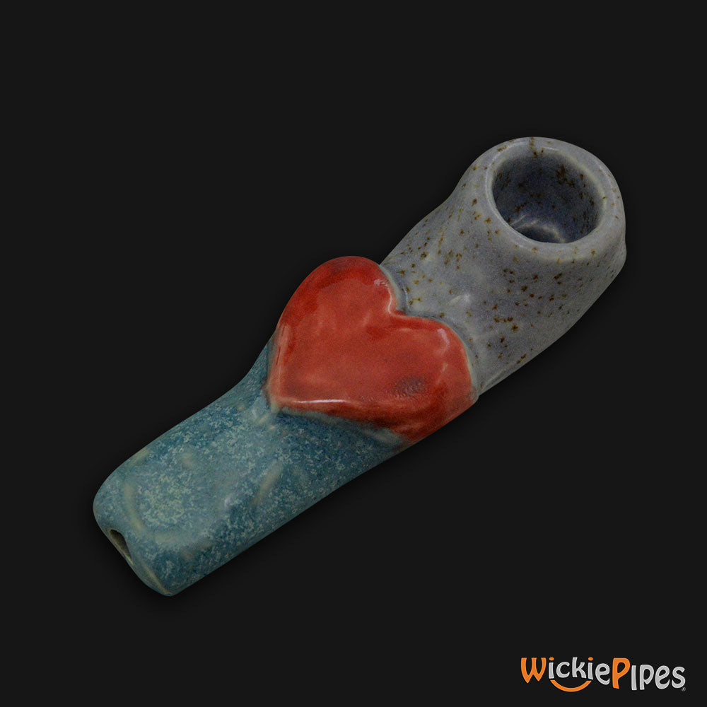 JM Ceramics Speckled Turquoise RED HEART Ceramic Hand Pipe mouthpiece.