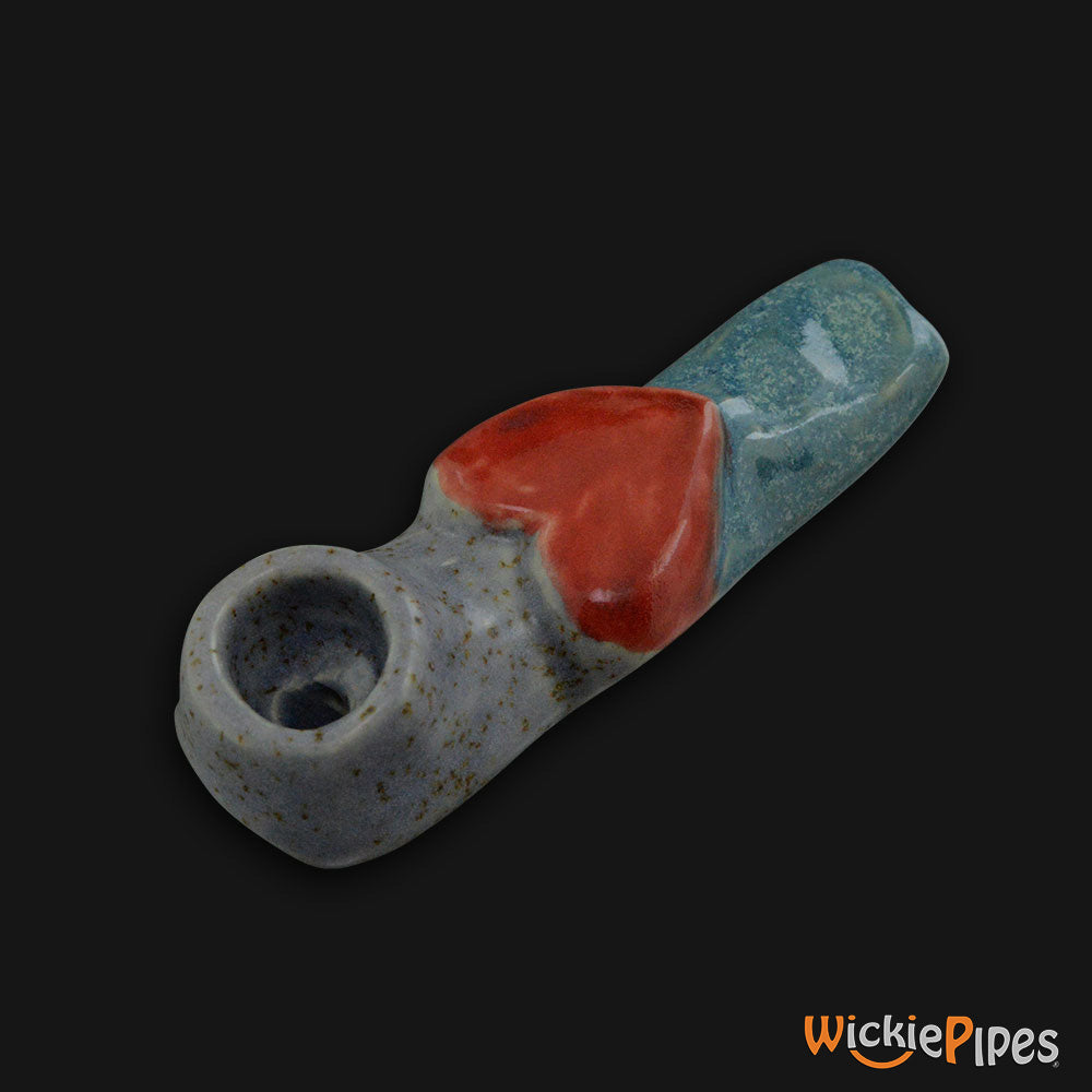 JM Ceramics Speckled Turquoise RED HEART Ceramic Hand Pipe side.