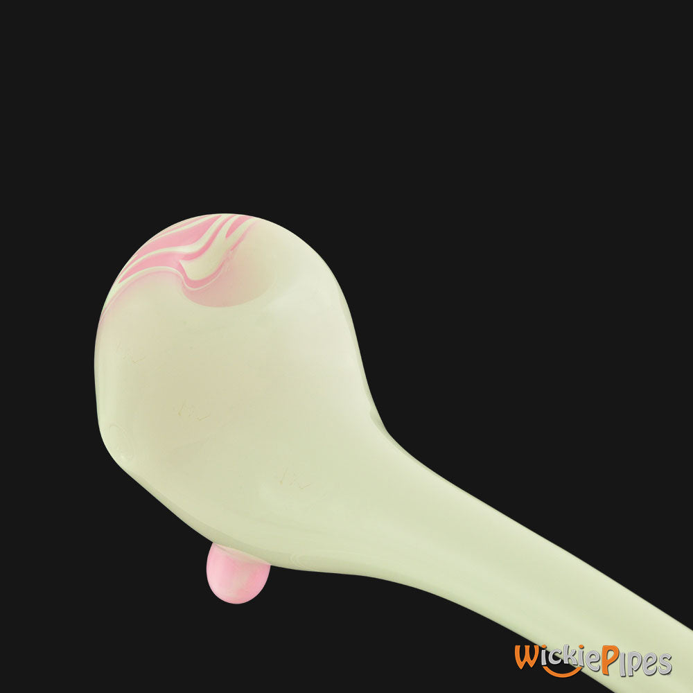 Mathematix Glass - White Worked Pink Slime 13.5-Inch Glass Gandalf Pipe bowl close up.