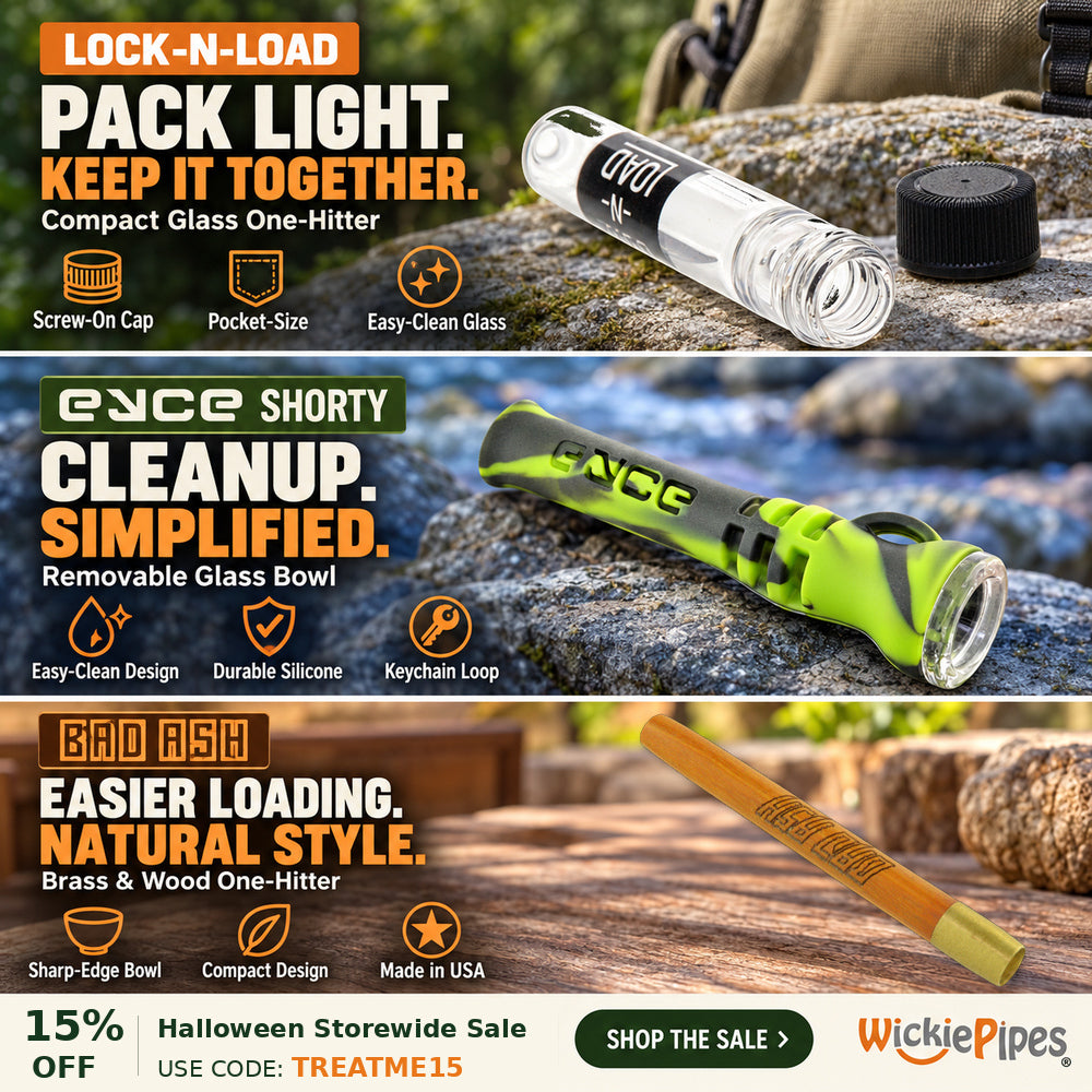 One-Hitters Banner - Lock-N-Load One-Hitter - Bad Ash 3-Inch Hybride Brass & Wood One-Hitter - EYCE Silicone Shorty One-Hitter