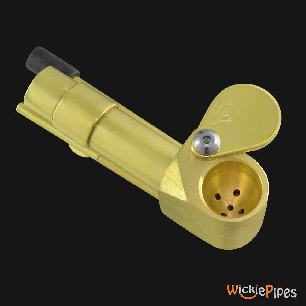 Proto Pipe - Classic 3-inch brass hand pipe bowl lid open, with poker and storage view.