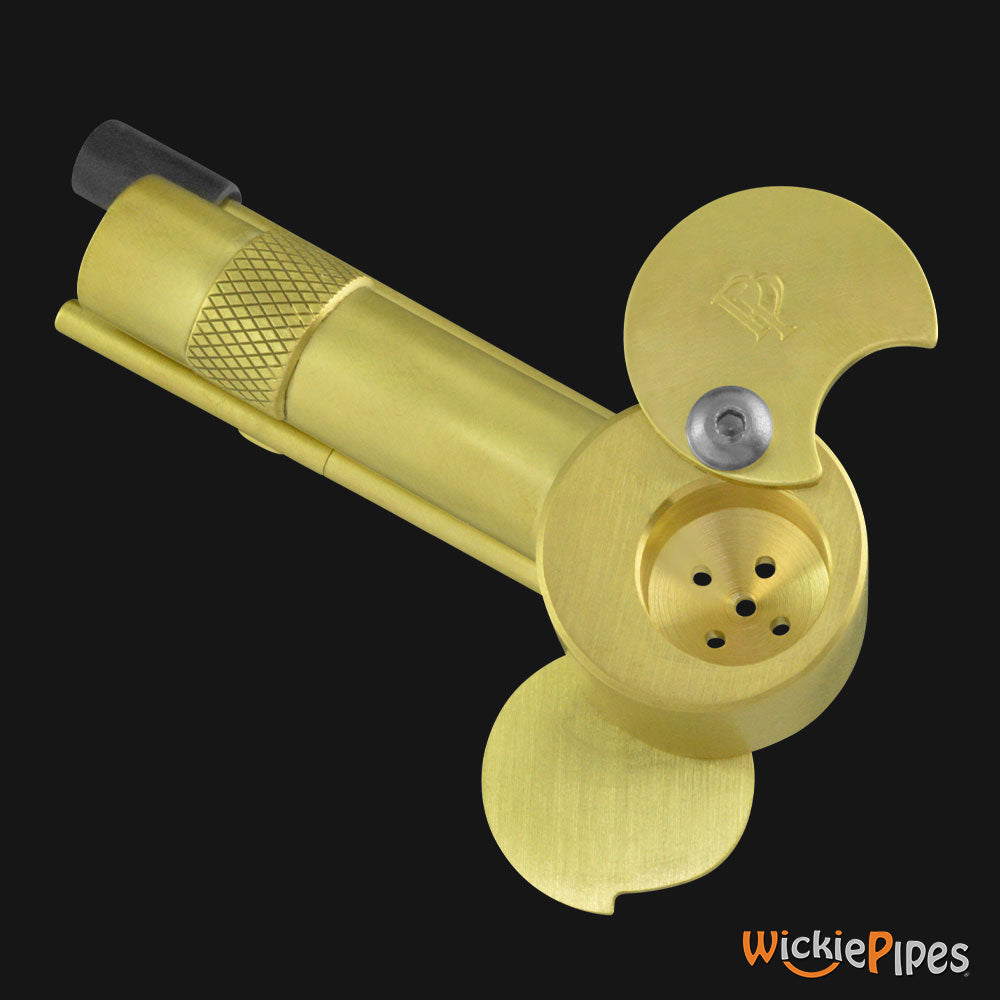 Proto Pipe - Rocket 3-inch brass hand pipe bowl and tar trap lid open, with poker and storage view.