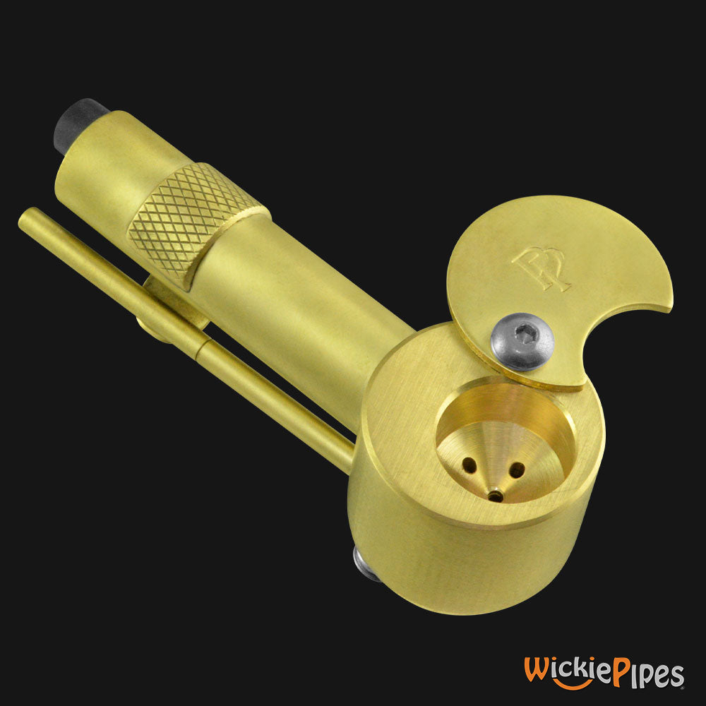 Proto Pipe - Rocket 3-inch brass hand pipe bowl lid open, with poker and storage view.