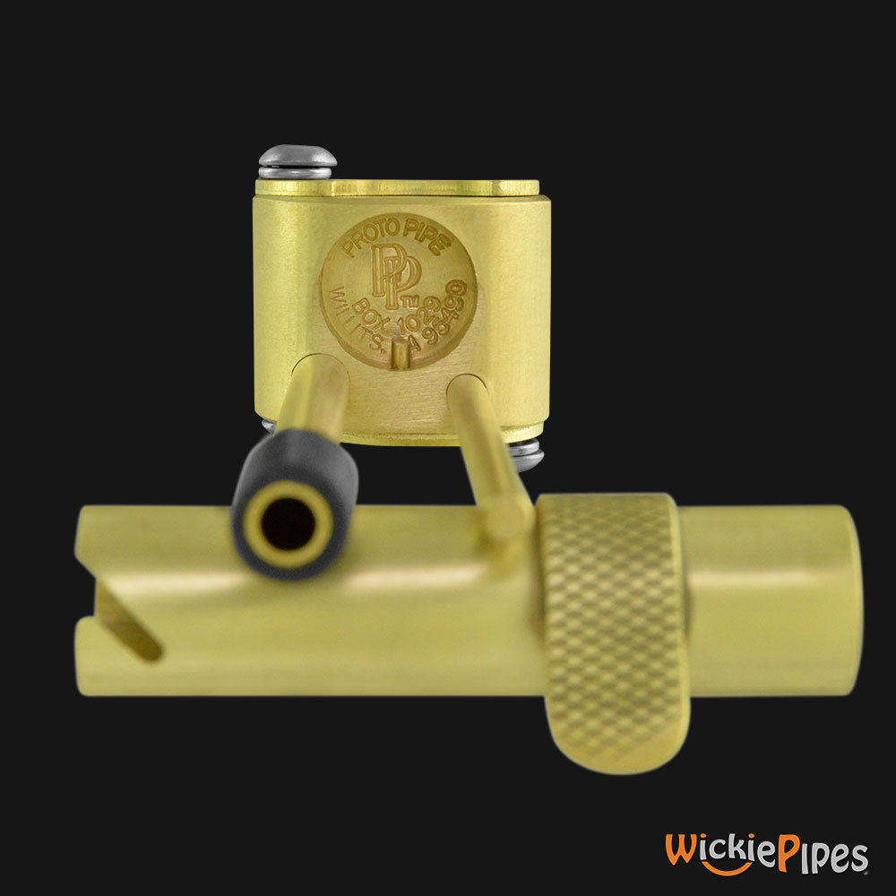 Proto Pipe - Rocket 3-inch brass hand pipe manufacturers authentication seal.