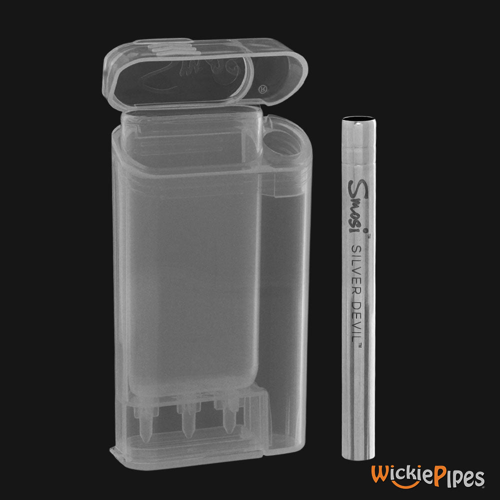 Smosi Evolution Clear Dugout One-Hitter Pipe System 3-Inch lid open with one hitter out.