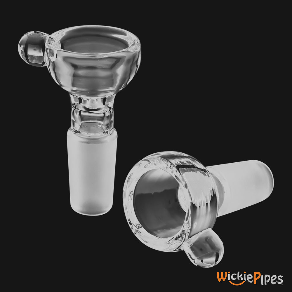 WickiePipes 14mm Monkey Male Dry-Herb Glass Bowl standing and flat.
