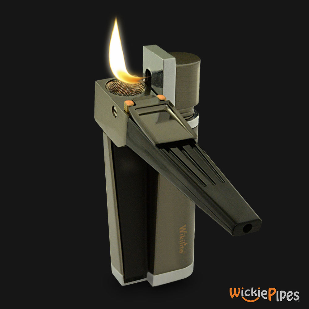 Wikilite Pipe Lighter  Gunmetal Gray open mouthpiece 90-degree lit flame.