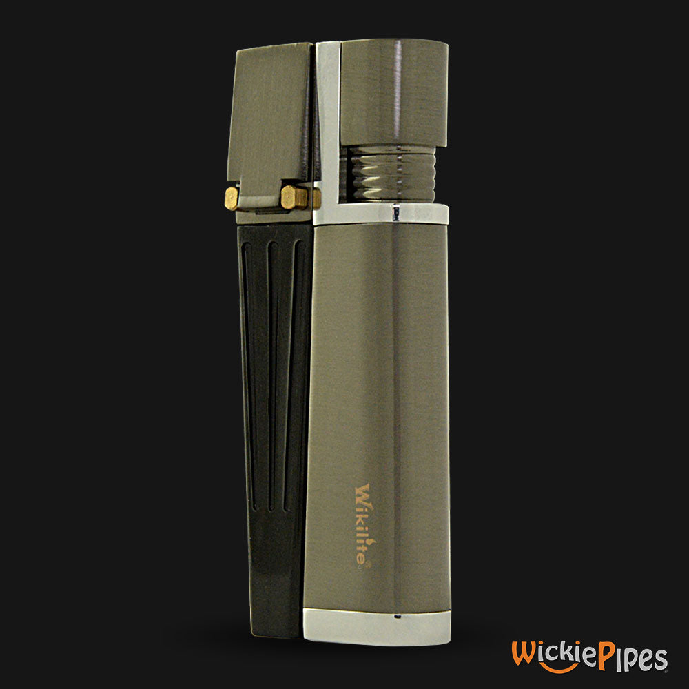 Wikilite Pipe Lighter Gunmetal Gray upright left view with closed bowl and closed mouthpiece.