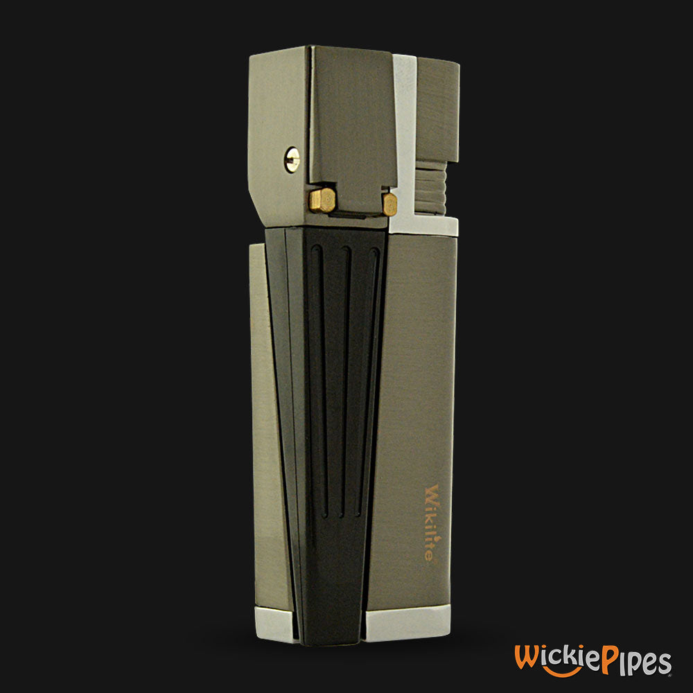 Wikilite Pipe Lighter Gunmetal Gray upright right view with closed bowl and closed mouthpiece.