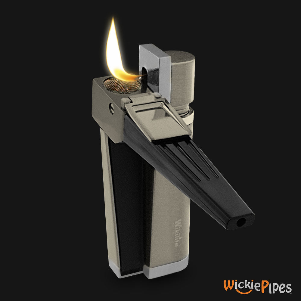Wikilite Pipe Lighter  Satin Nickle open mouthpiece 90-degree lit flame.