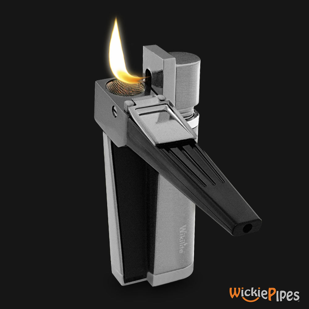 Wikilite Pipe Lighter  Silver open mouthpiece 90-degree lit flame.