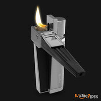 Thumbnail for Wikilite Pipe Lighter  Silver open mouthpiece 90-degree lit flame.