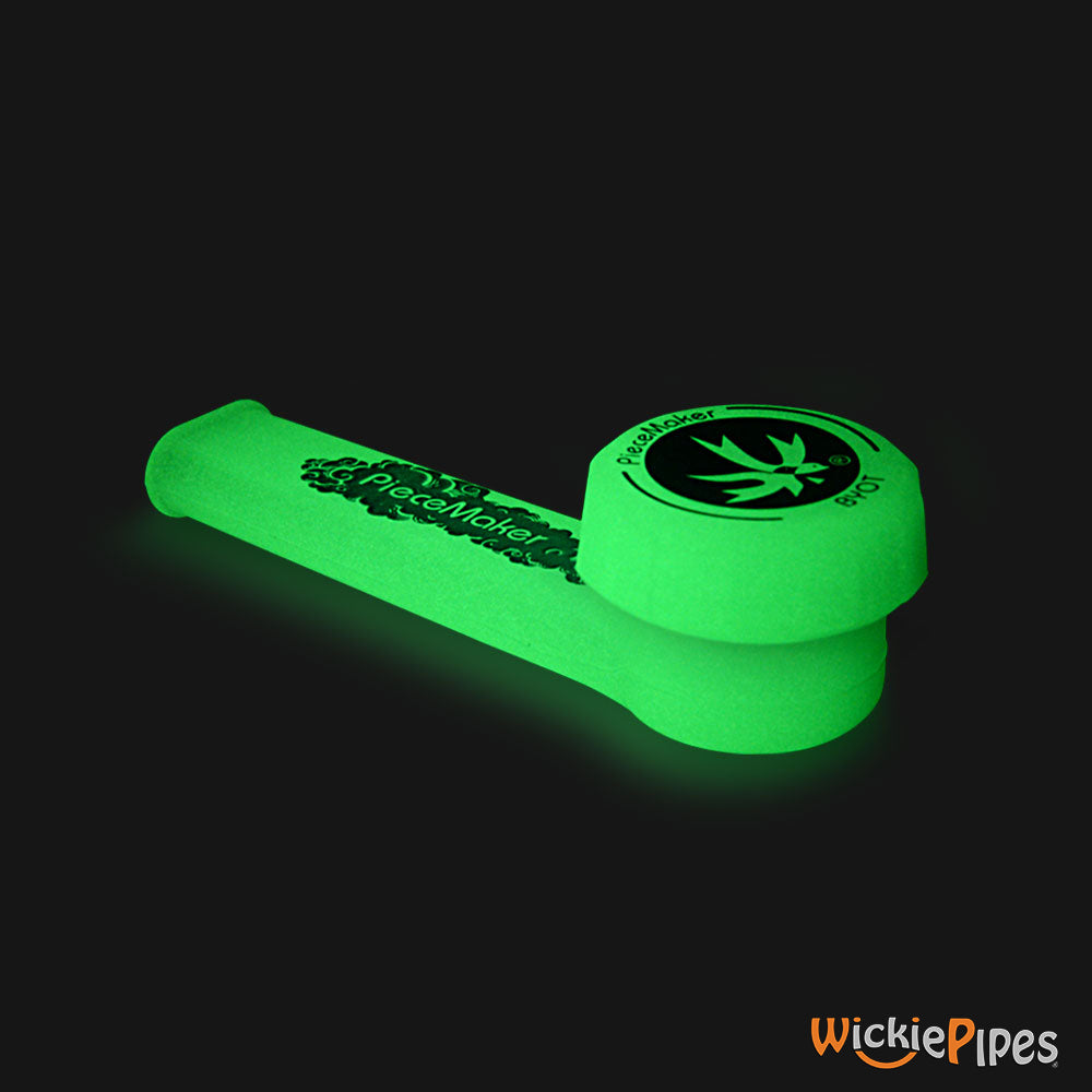 PieceMaker - Karma Electric Green Glow In The Dark 3.5-Inch Silicone Hand Pipe with front cap on.