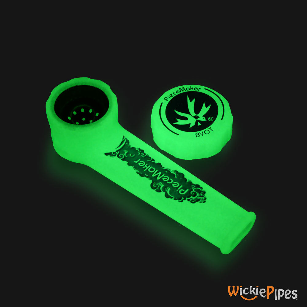 PieceMaker - Karma Electric Green Glow In The Dark 3.5-Inch Silicone Hand Pipe top with cap off.